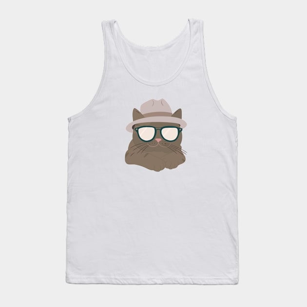 Chic Tabby: Minimalist Cat Art with Grey Hat & Sunglasses Tank Top by ShutterStudios